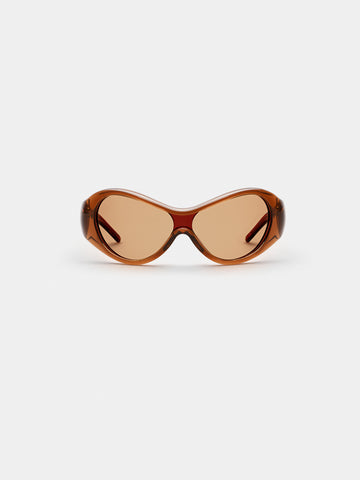 ORA in Mocha brown wraparound shield sunglasses, front view