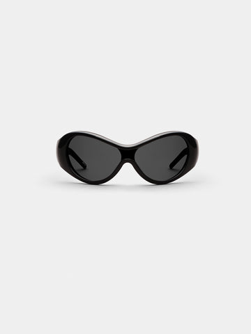 ORA in Raven black wraparound shield sunglasses, front view